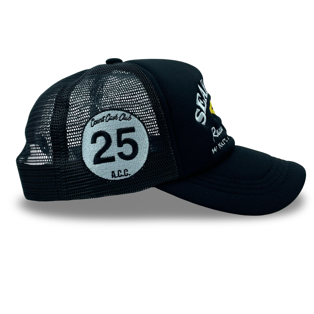 “Seahawk Racing Team” ACC 80’s Retro Miami Trucker Hat (Seen On Cocaine Cowboys : The Kings Of Miami) Black/Black