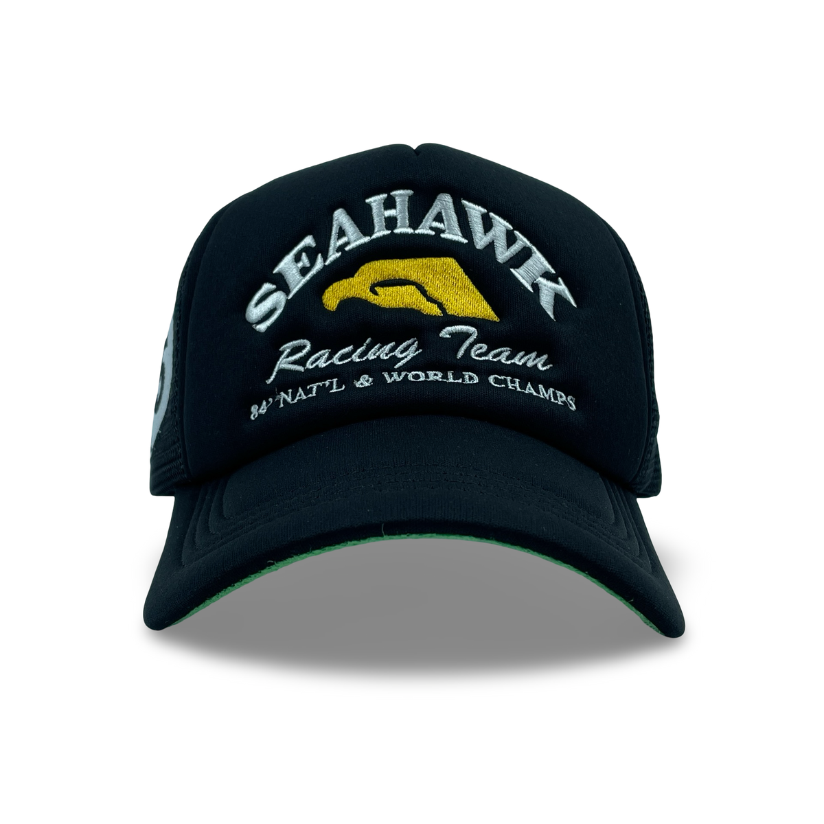 “Seahawk Racing Team” ACC 80’s Retro Miami Trucker Hat (Seen On Cocaine Cowboys : The Kings Of Miami) Black/Black