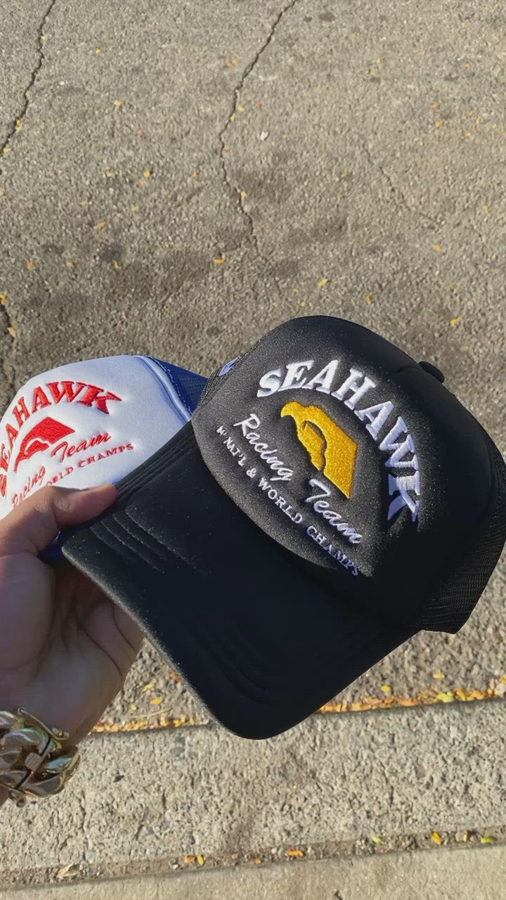 “Seahawk Racing Team” ACC 80’s Retro Miami Trucker Hat (Seen On Cocaine Cowboys : The Kings Of Miami) Black/Black