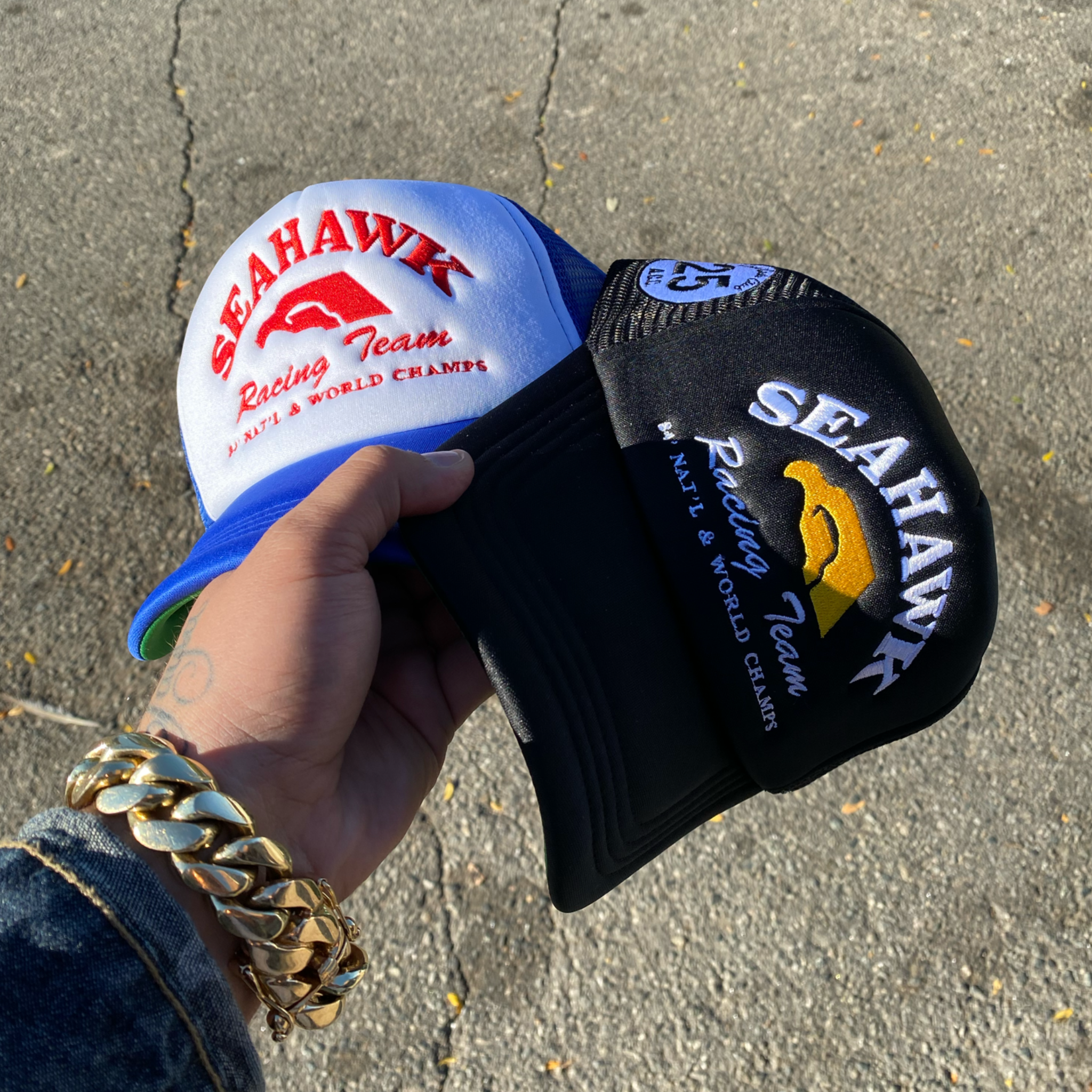 “Seahawk Racing Team” ACC 80’s Retro Miami Trucker Hat (Seen On Cocaine Cowboys : The Kings Of Miami) Black/Black