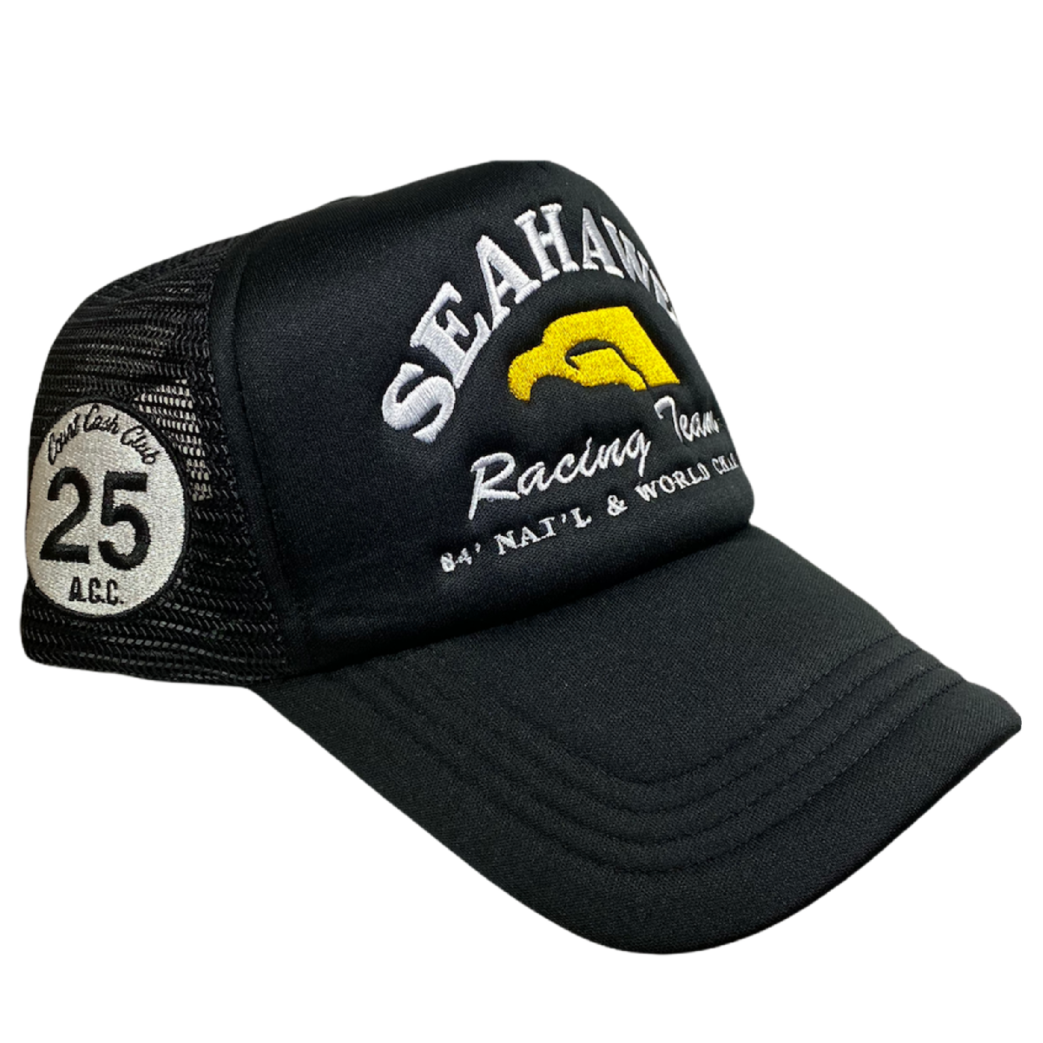 “Seahawk Racing Team” ACC 80’s Retro Miami Trucker Hat (Seen On Cocaine Cowboys : The Kings Of Miami) Black/Black